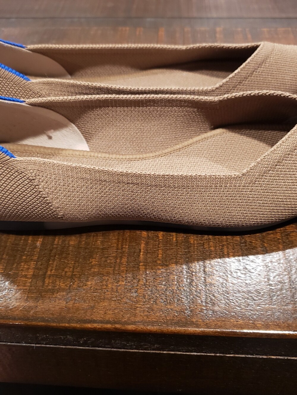 Rothy's Camel Colored Pointed Toe Women’s Flats with Blue Trim - Picture 2 of 5